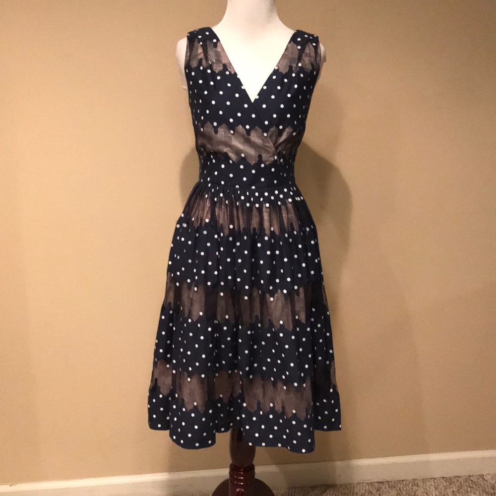 Maggy London Navy Blue Polka Dot Fit-and-Flare Dress